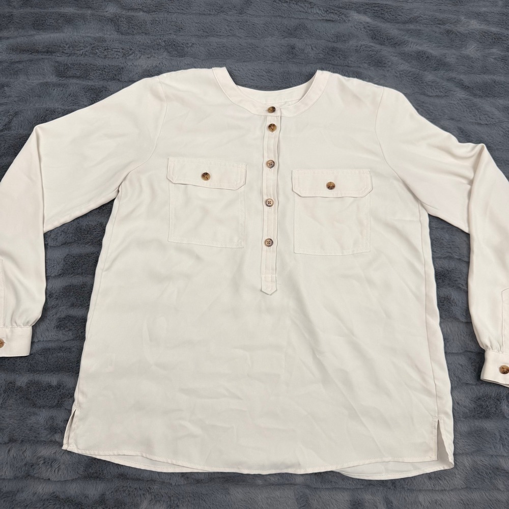 LOFT Petites Cream Henley Blouse Long Sleeve Button Front Top SP Ivory 12354